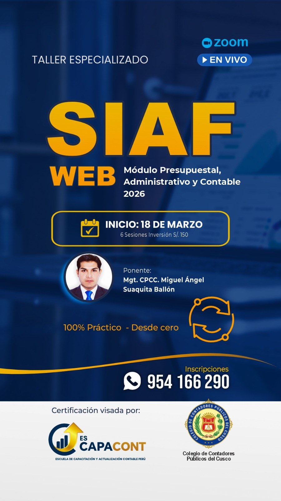 Flyer: 𝐓𝐚𝐥𝐥𝐞𝐫 𝐄𝐬𝐩𝐞𝐜𝐢𝐚𝐥𝐢𝐳𝐚𝐝𝐨: 𝐒𝐈𝐀𝐅 𝐖𝐄𝐁 – 𝐌𝐨́𝐝𝐮𝐥𝐨 𝐏𝐫𝐞𝐬𝐮𝐩𝐮𝐞𝐬𝐭𝐚𝐥, 𝐀𝐝𝐦𝐢𝐧𝐢𝐬𝐭𝐫𝐚𝐭𝐢𝐯𝐨 𝐲 𝐂𝐨𝐧𝐭𝐚𝐛𝐥𝐞 𝟐𝟎𝟐𝟔