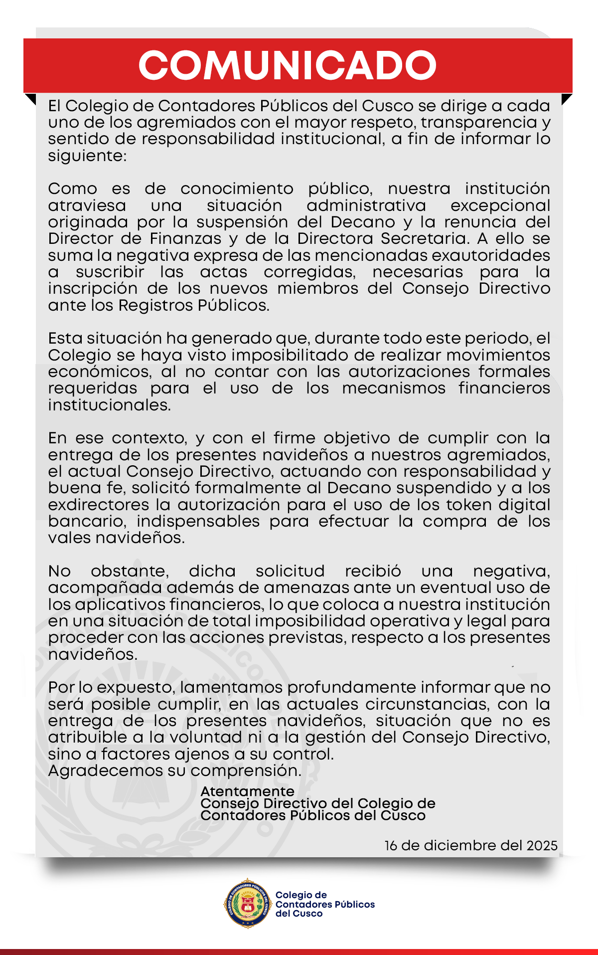 COMUNICADO ENTREGA DE PRESENTES NAVIDEÑOS