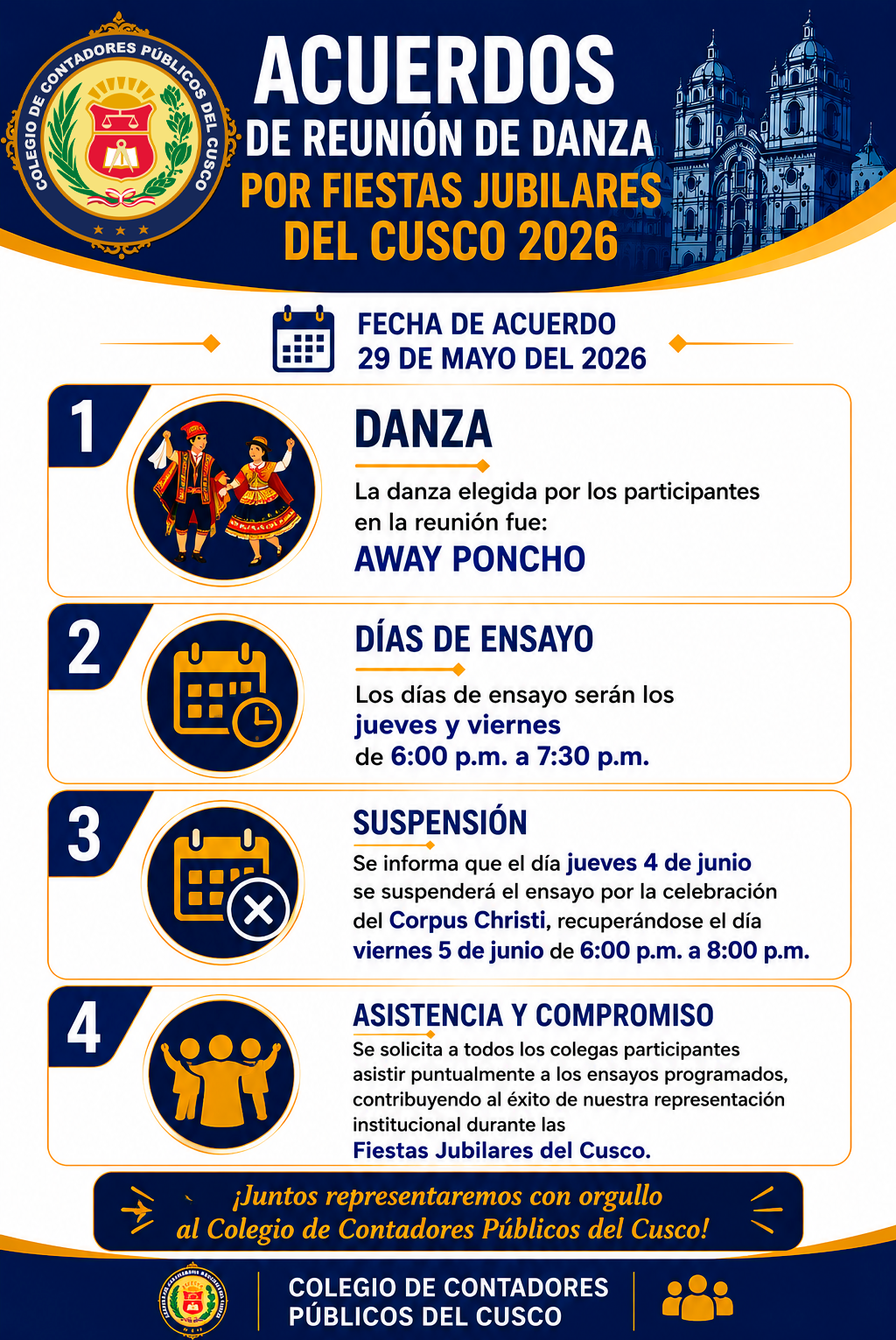¡ACUERDOS DE REUNIÓN DE DANZA POR FIESTAS JUBILARES DEL CUSCO 2026!