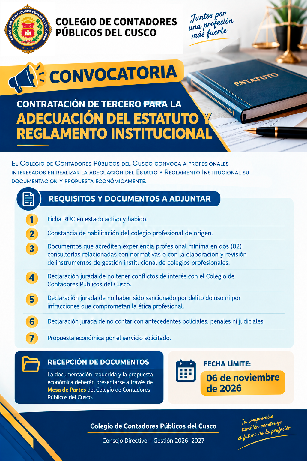 CONTRATACIÓN DE TERCERO PARA LA ADECUACIÓN DEL ESTATUTO Y REGLAMENTO INSTITUCIONAL