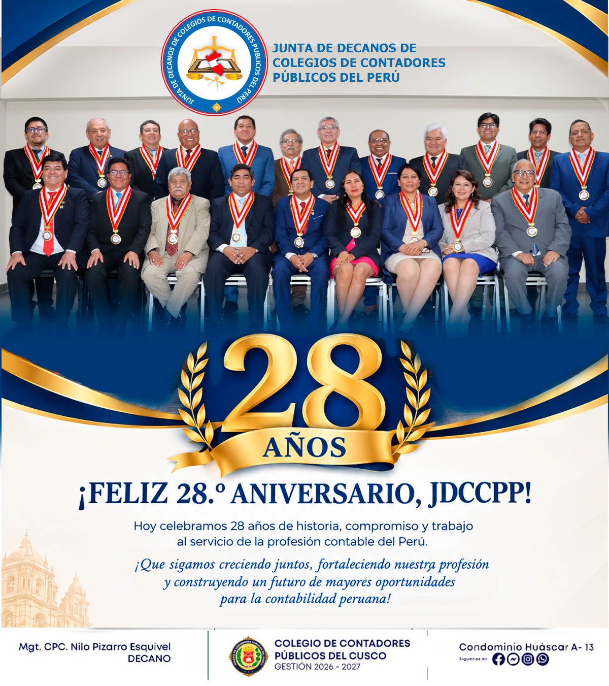 ¡FELIZ 28.º ANIVERSARIO, JUNTA DE DECANOS DE LOS COLEGIOS DE CONTADORES PÚBLICOS DEL PERÚ!